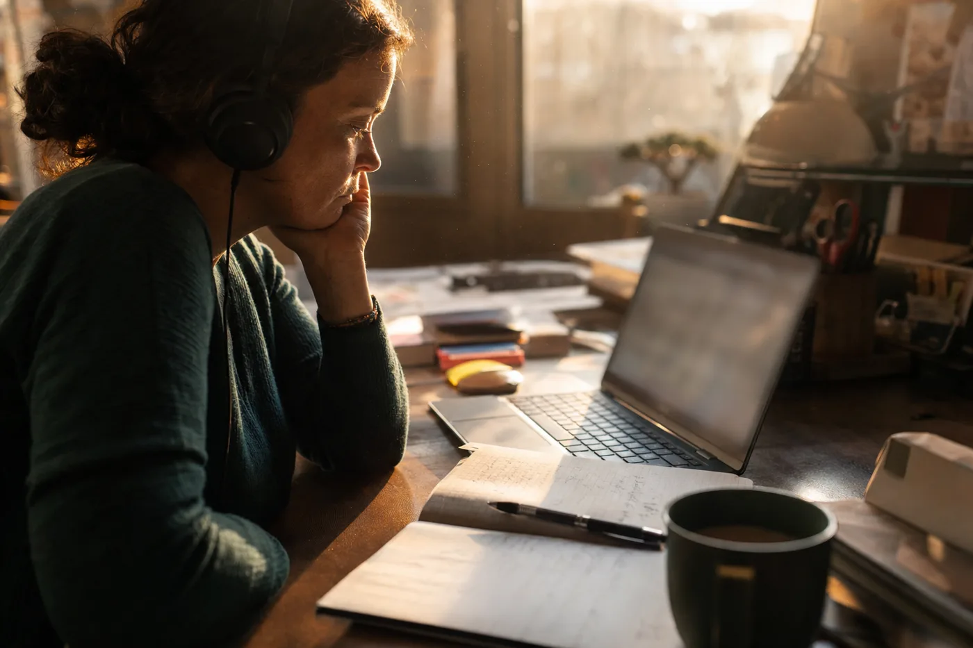 An employee wearing headphones reviews training content at a warmly lit desk with a notebook beside the laptop
