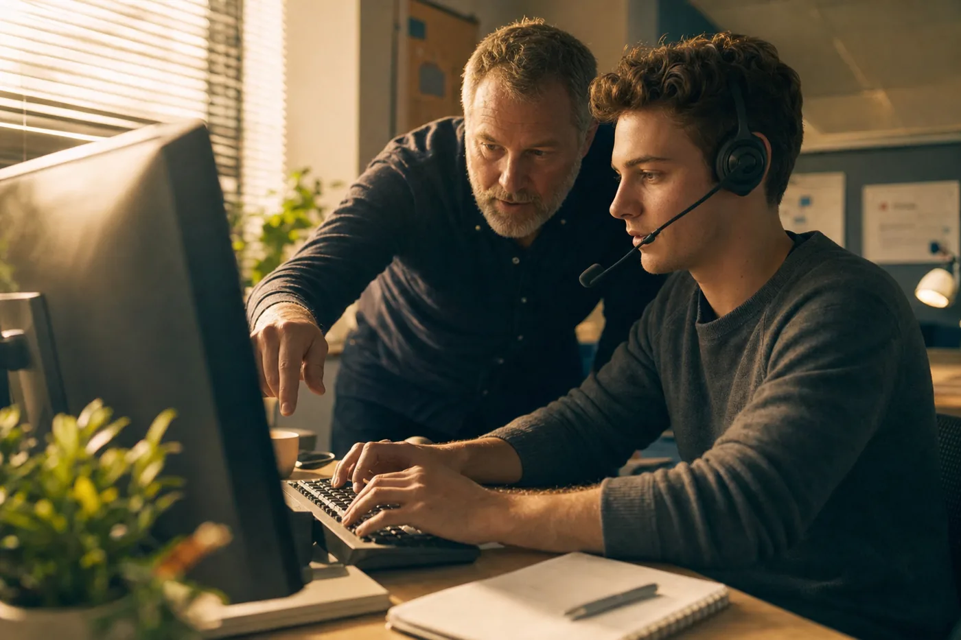 A new hire practicing with a headset while an experienced colleague leans in to give feedback in warm side light