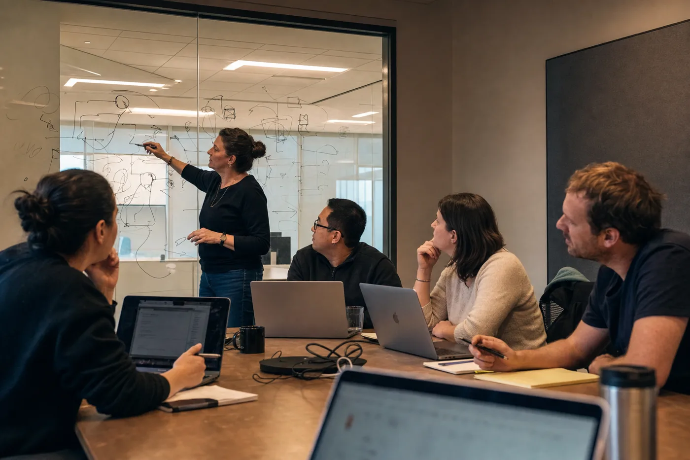An L&D leader running AI change management training with colleagues around a conference table