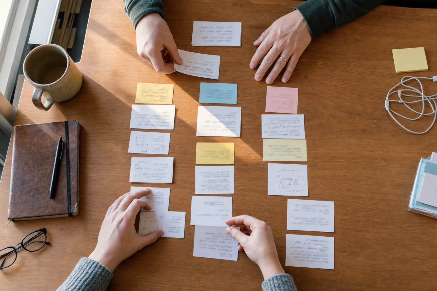 Hands arranging printed cards and sticky notes into columns on a desk during an AI adoption planning session