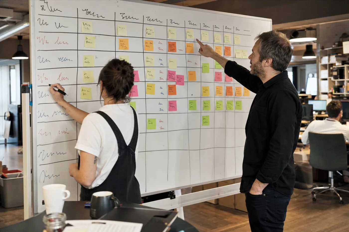 Two coworkers building an AI competency framework on an office whiteboard covered in sticky notes and a hand-drawn skills grid