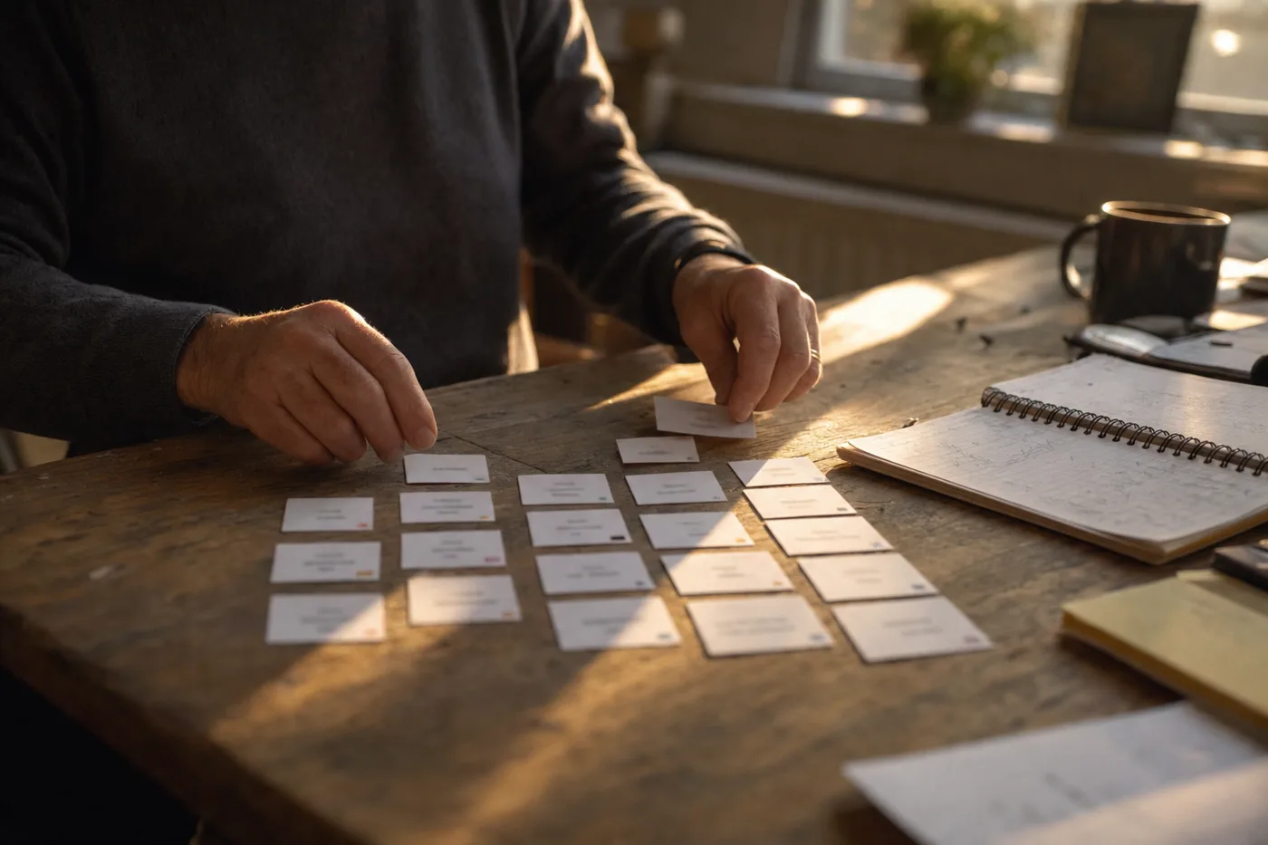 Hands sorting printed role cards into rows on a desk while mapping which jobs carry the highest AI risk