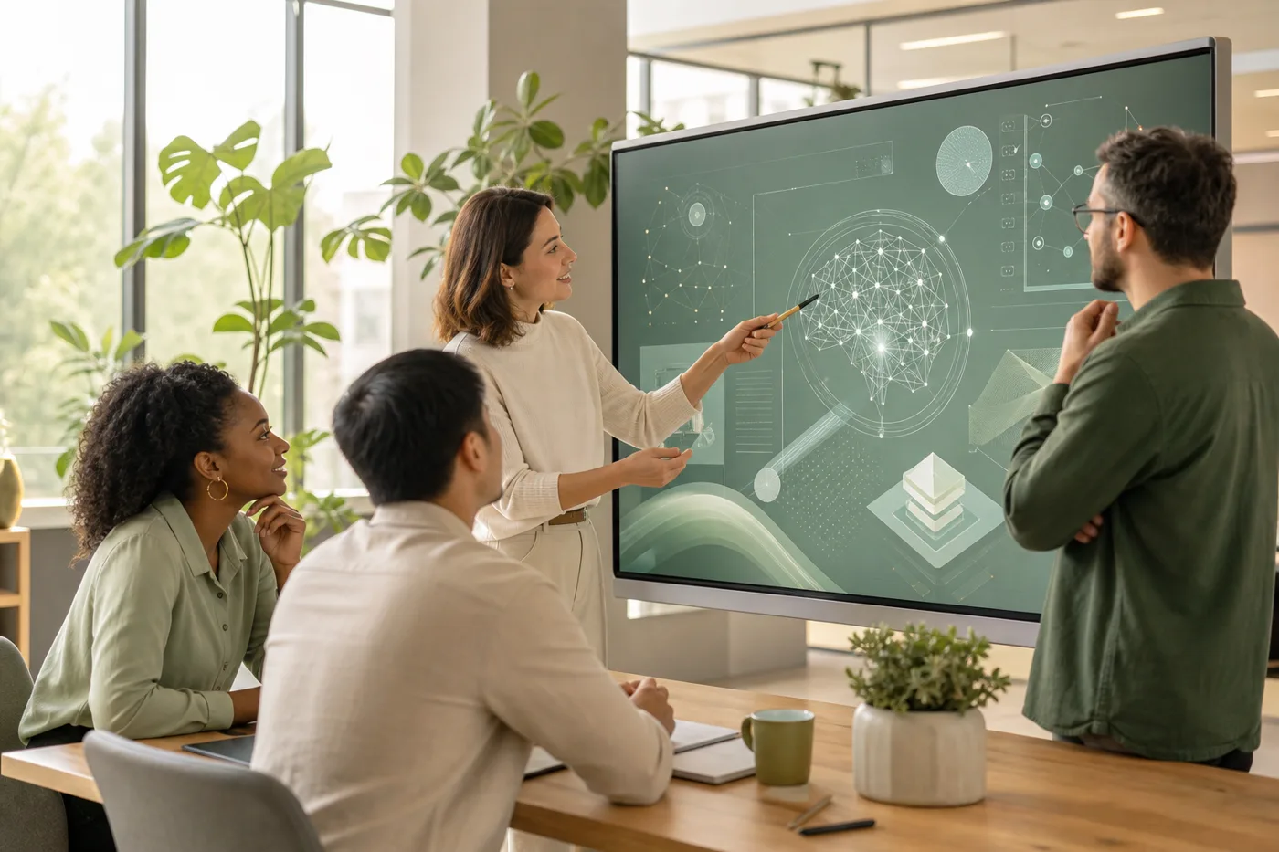 Professionals in a bright modern office engaging with AI corporate training on interactive screens