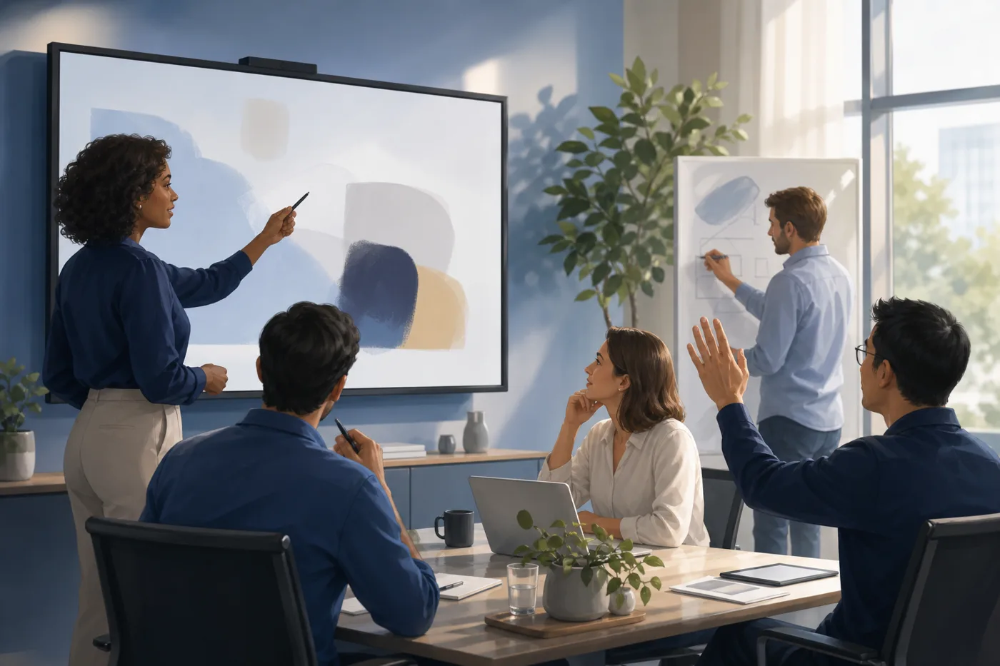 A team of professionals in a sunlit office actively questioning and debating content on a shared screen