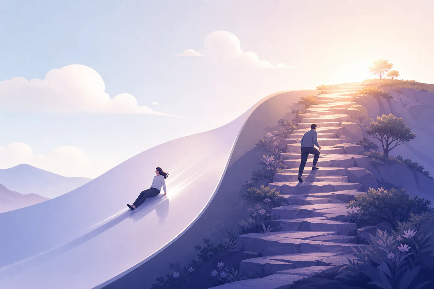 Two paths up a hill: a smooth effortless slope leading downward and an effortful stepped climb leading to a higher sunlit ledge