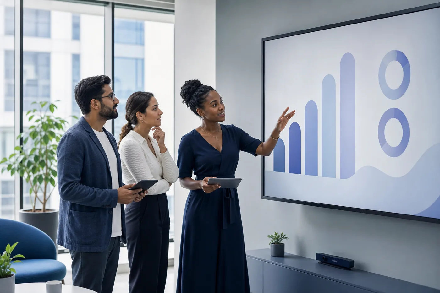 Three colleagues in a bright office reviewing learning progress data on a wall-mounted screen