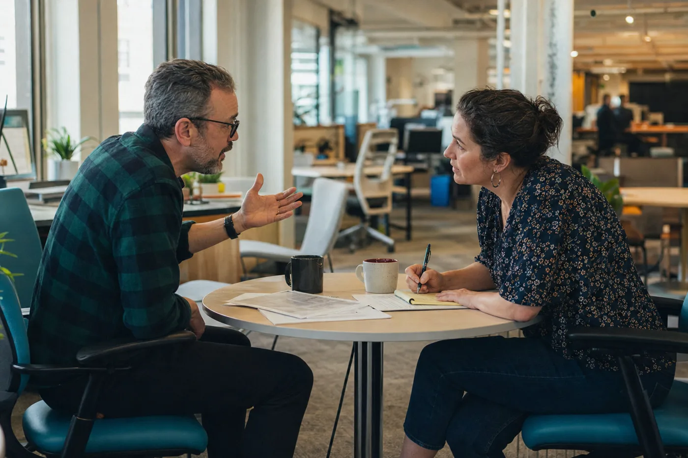 Two coworkers practicing an AI role-play training scenario across a desk in a bright office