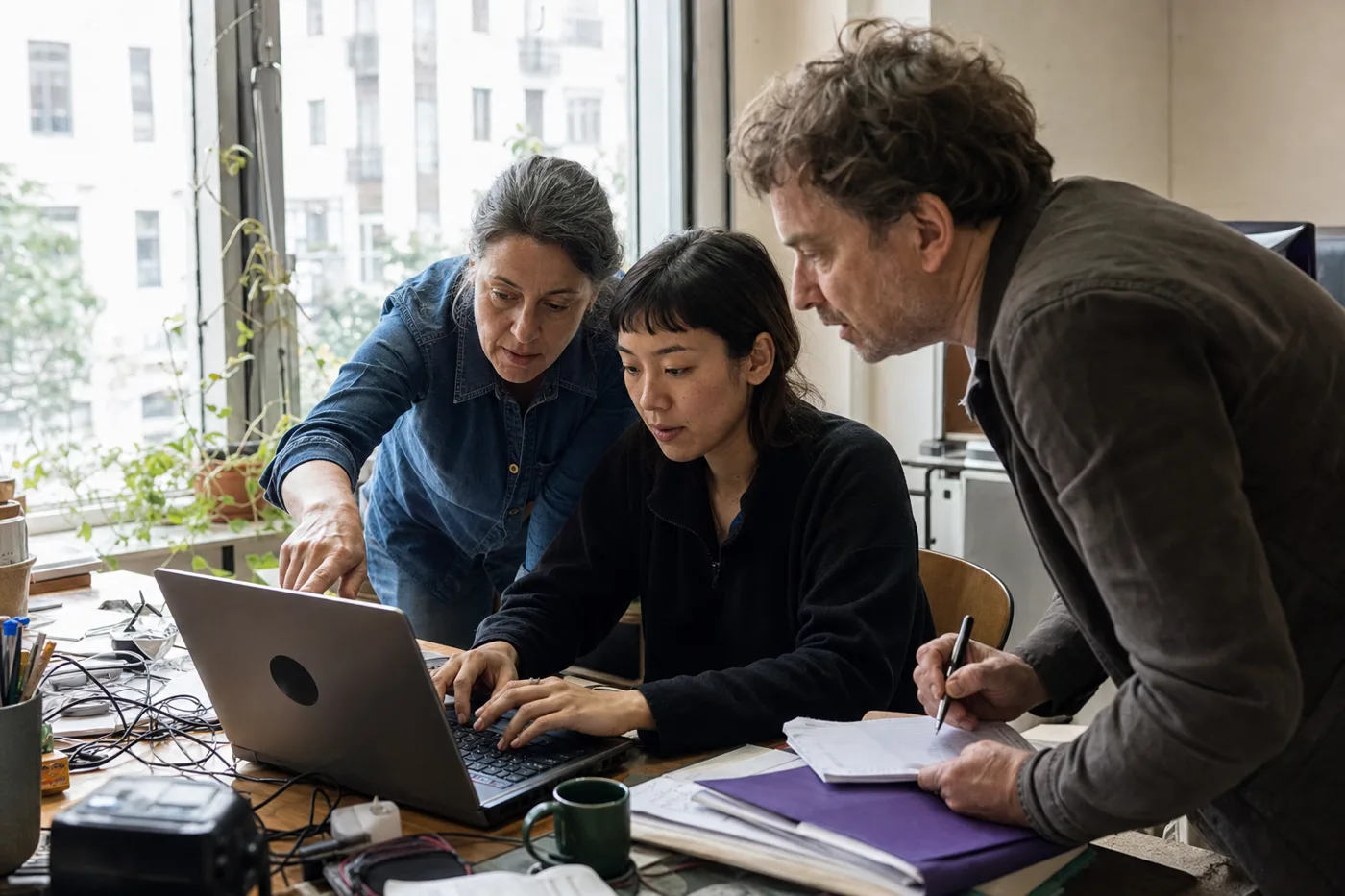Coworkers learning AI skills together at one laptop during hands-on workplace training