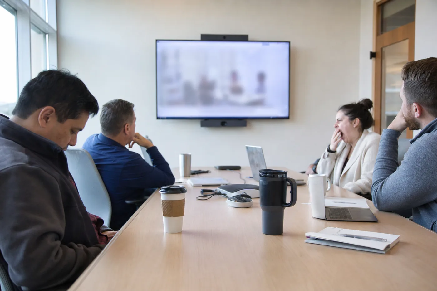 Employees half-watching a training video in a conference room, several distracted