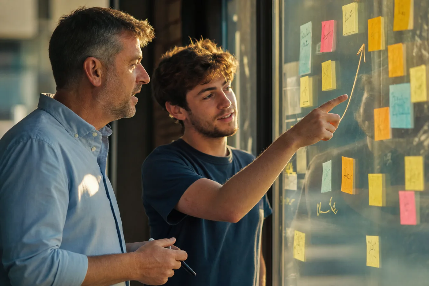 A manager and employee reviewing progress on a glass wall covered in sticky notes and a hand-drawn upward curve