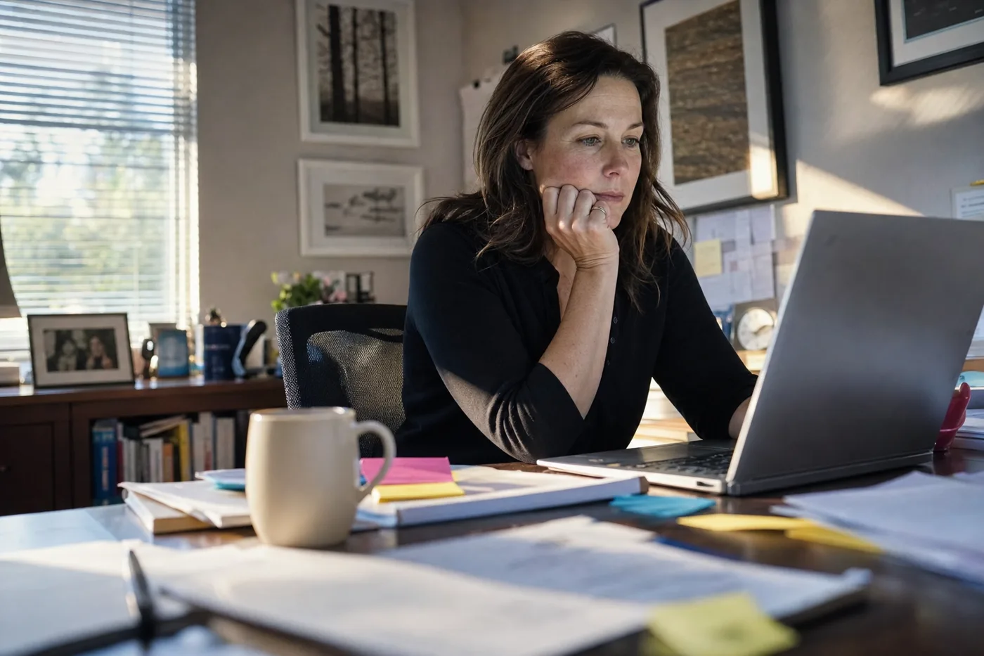 A manager reviewing training results on a laptop at a desk covered in printed notes and sticky reminders, early morning light through an office window