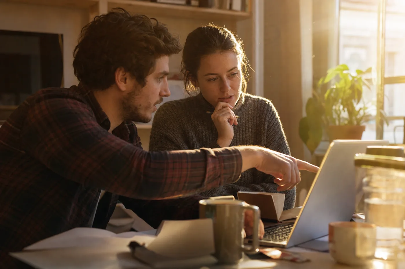 Two coworkers at a laptop working through an AI study mode prompt together, one pointing at the screen mid-question in warm afternoon light
