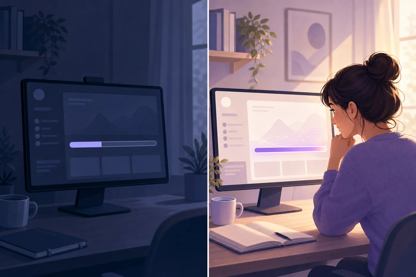 Split scene contrasting an ignored learning dashboard with an actively engaged learner, illustrating the AI training adoption gap