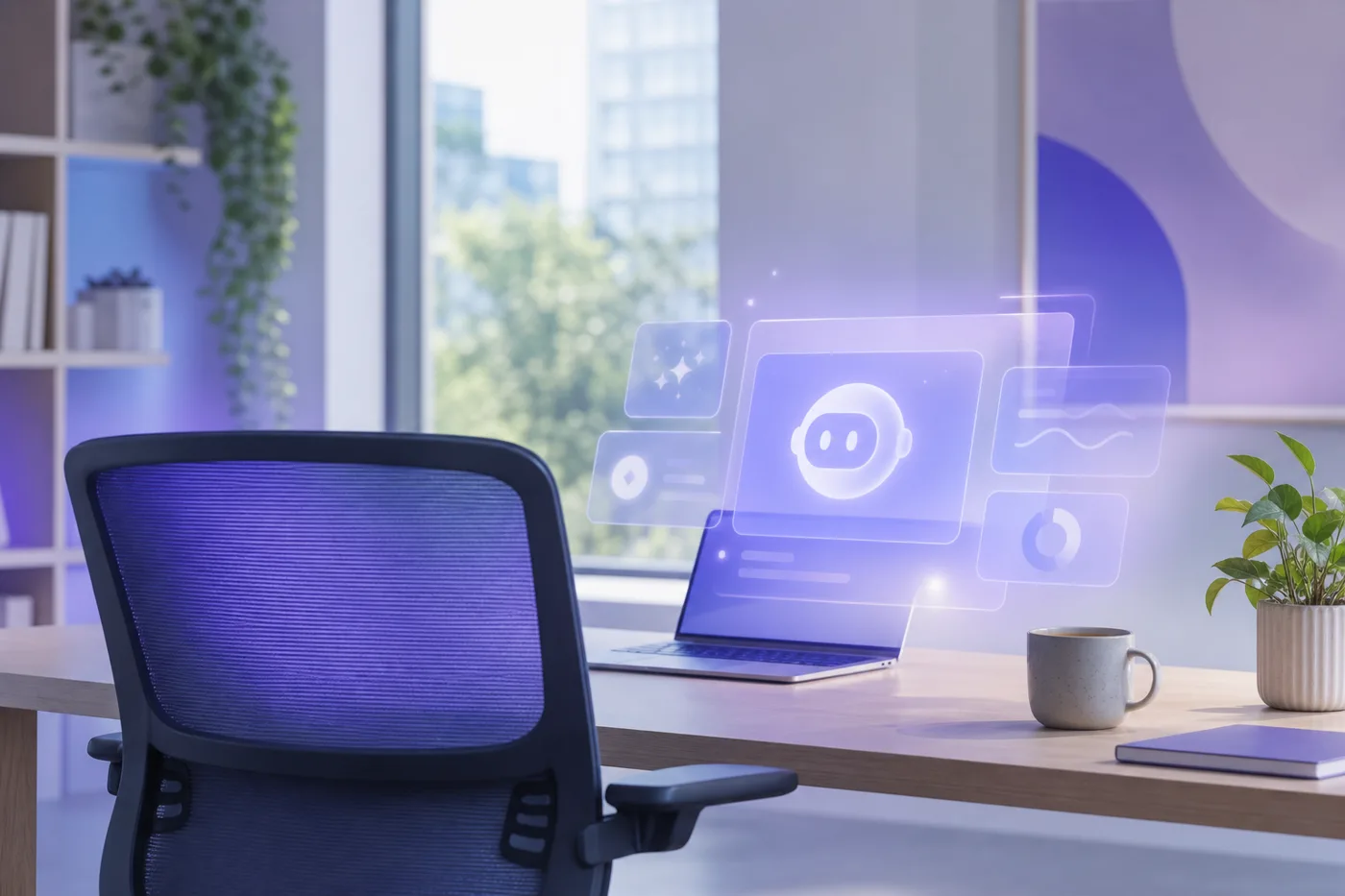 An unused AI training adoption tool glowing above an empty desk in a bright modern office