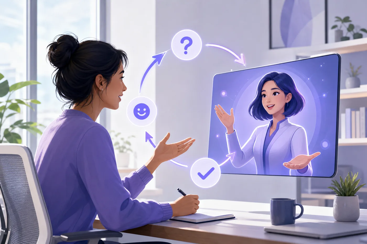 A learner in a modern office exchanging questions and answers with an AI tutor avatar in an interactive learning loop