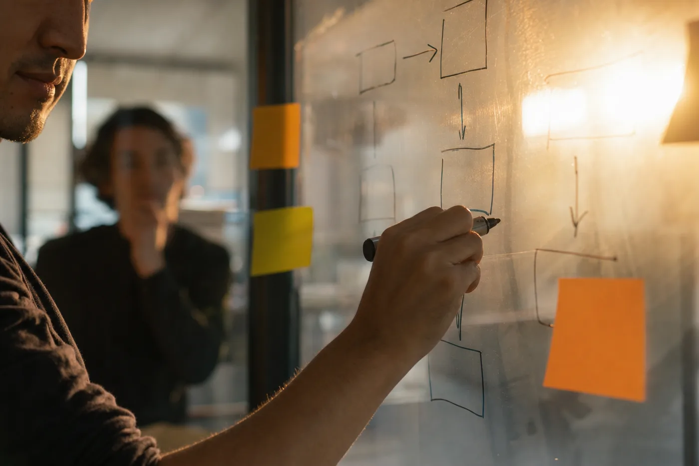 A hand sketching hand-drawn boxes and arrows on a glass office wall to map where company data flows in an AI training tool
