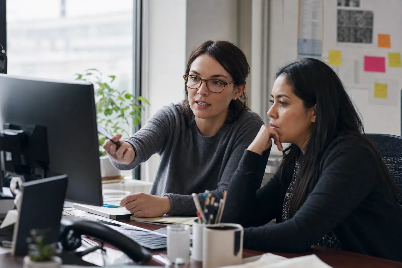 Two coworkers working through a task together on one screen at a shared desk, an example of an AI tutor embedded in real practice