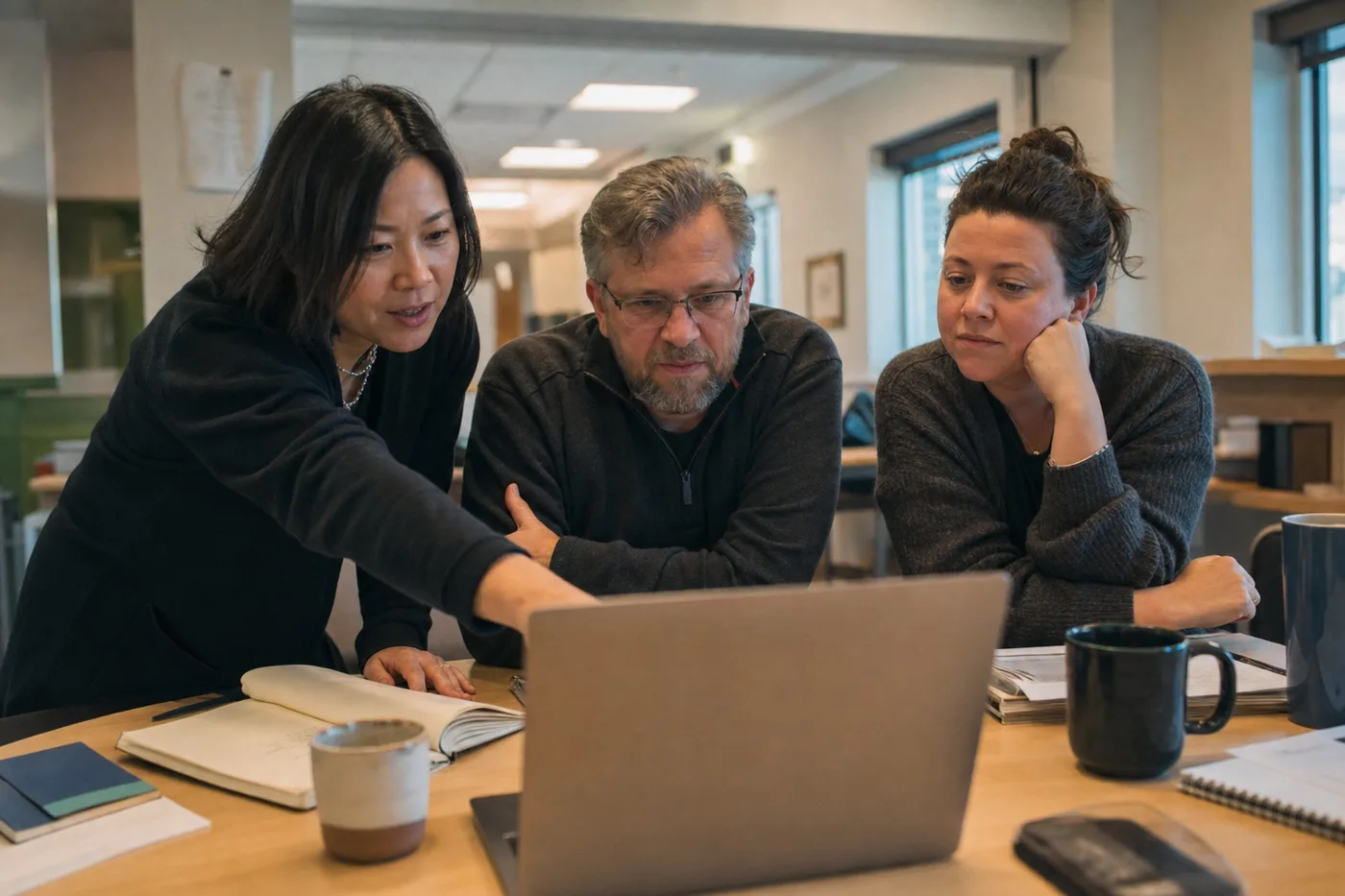 Coworkers gathered around a laptop in a candid office training session, the human connection that closes the AI tutor engagement gap