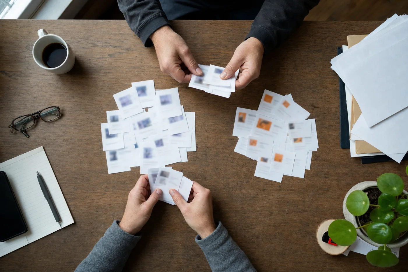 Hands sorting printed skill cards into two piles on a desk, separating basics from applied capabilities