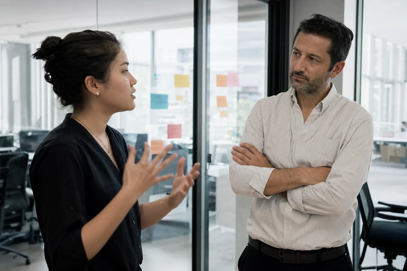 Two coworkers running a role-play practice exercise near a glass office wall, one delivering a pitch while the other listens and evaluates