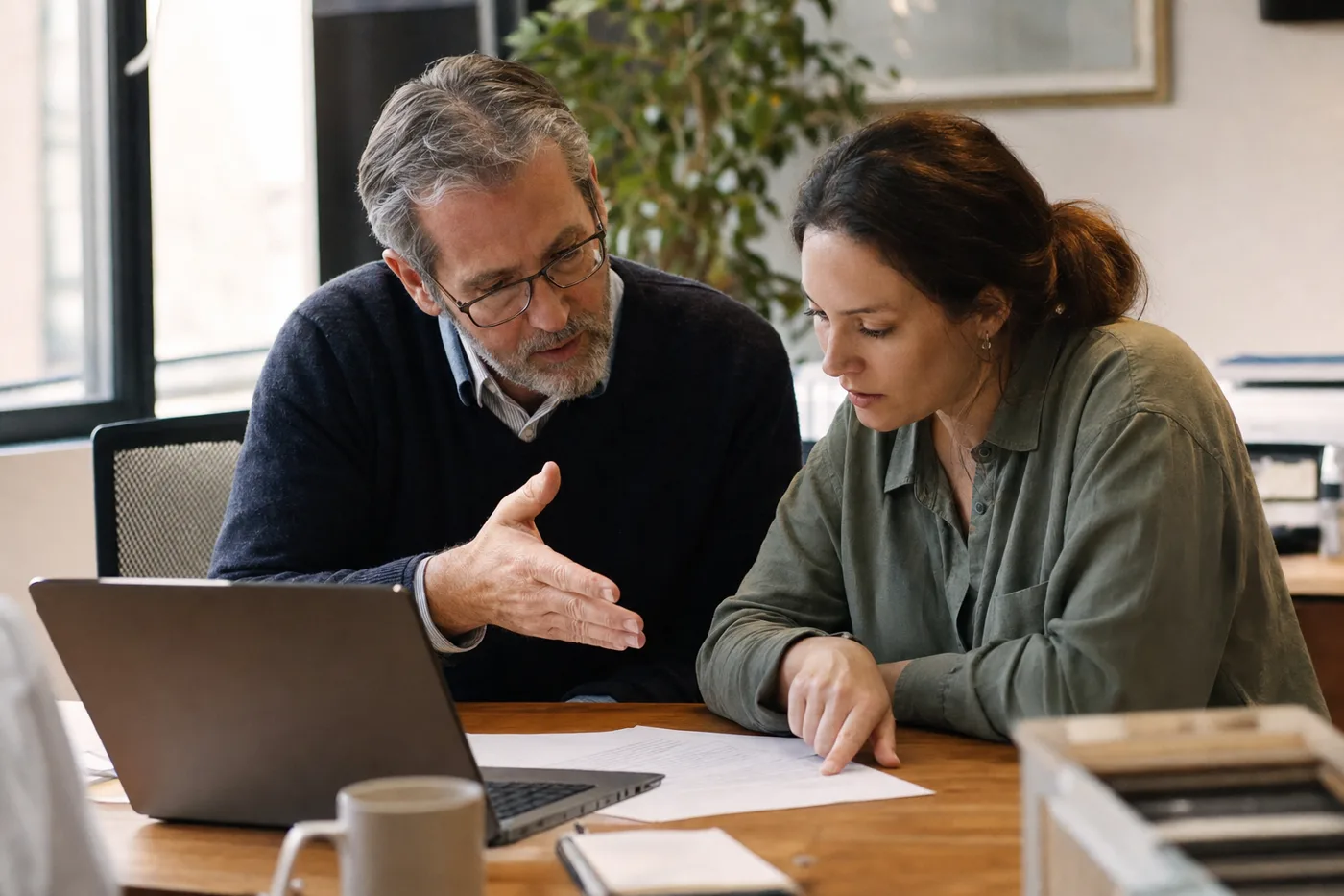 A workplace trainer and a new hire working through a problem together at a desk, the human coaching model behind a better AI tutor
