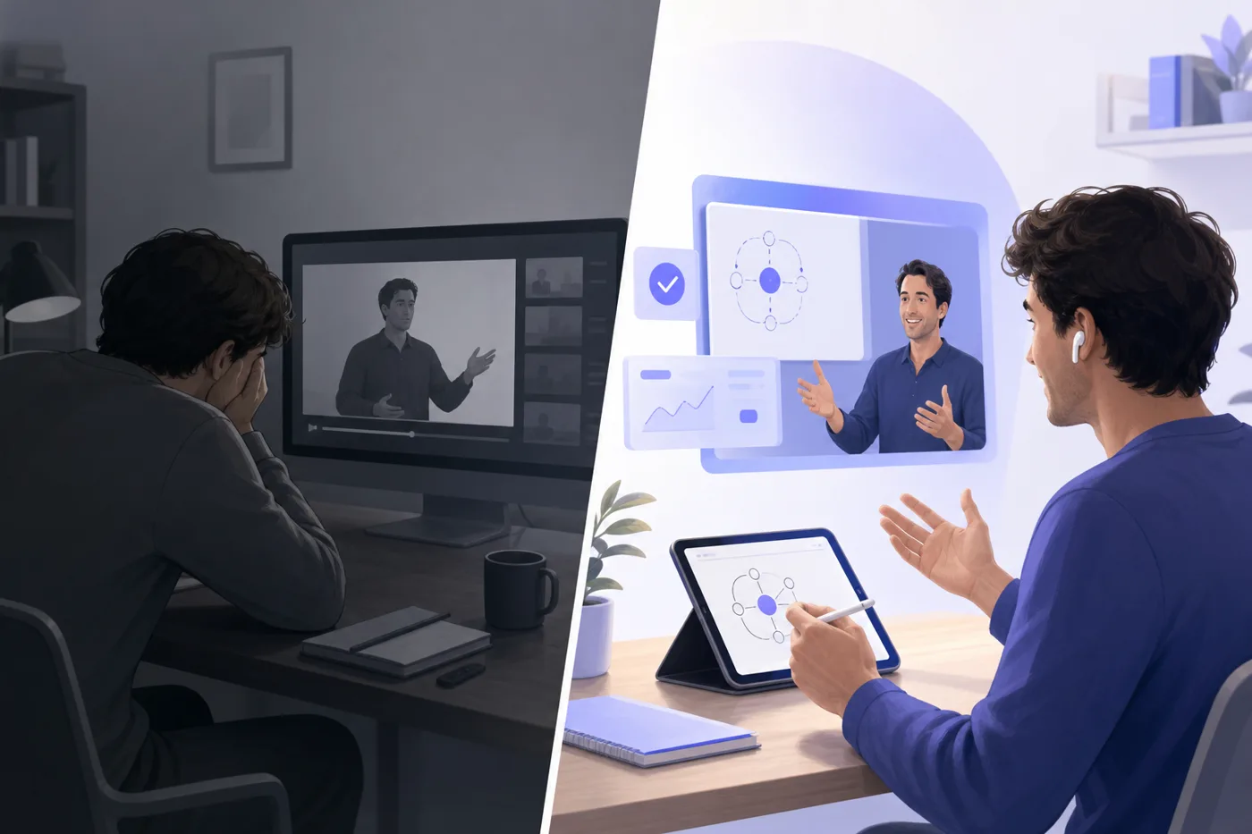A split illustration contrasting a passive AI training video on one side with an interactive practice session on the other, showing the AI skills gap between access and capability