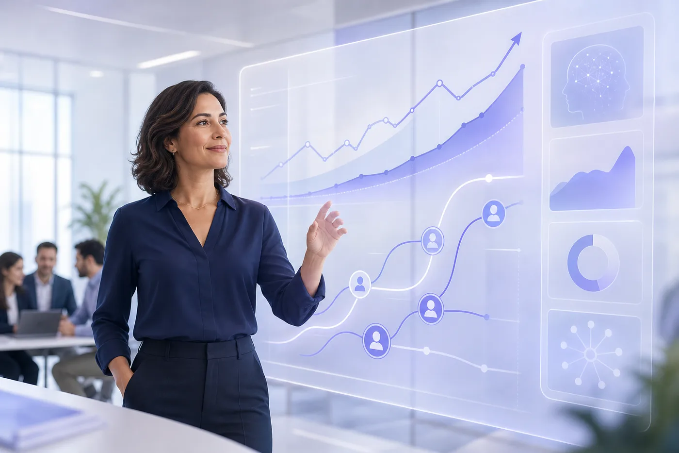 An L&D leader reviewing an interactive AI training dashboard that helps close the AI skills gap