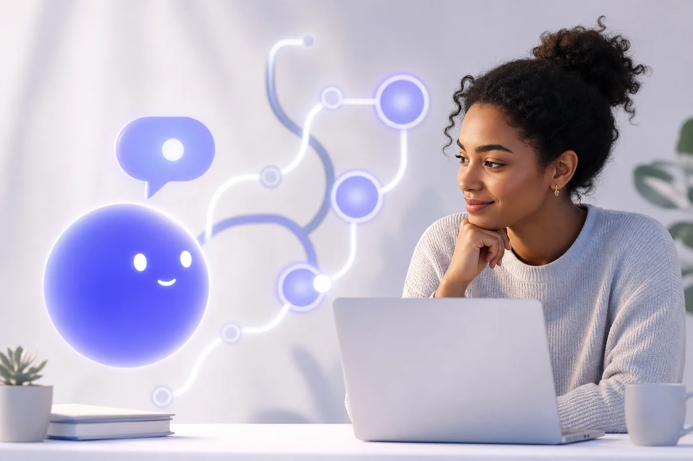 An AI tutor asking an employee a question during an interactive training session, with an adaptive learning path branching based on the answer