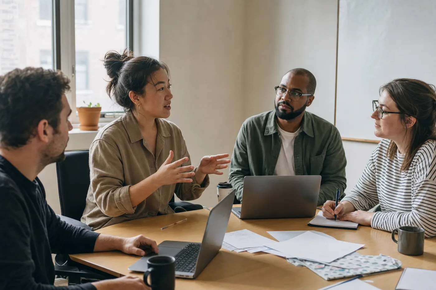 Diverse employees in a modest conference room during a hands-on training session, one person mid-sentence, candid overcast daylight