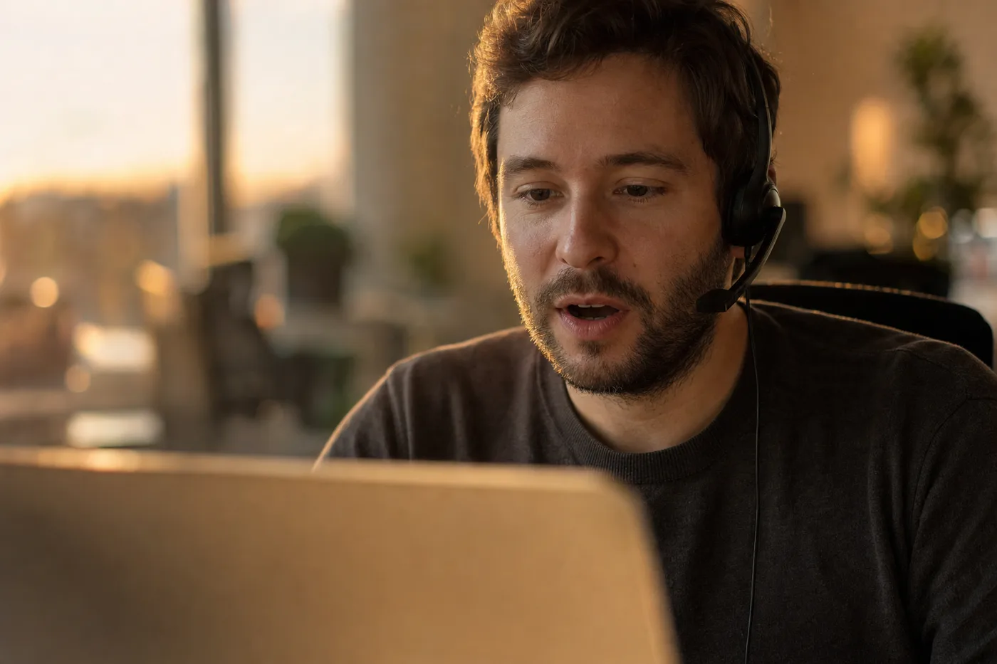 A coworker at a laptop practicing a spoken conversation, golden-hour window light, shallow depth of field, candid