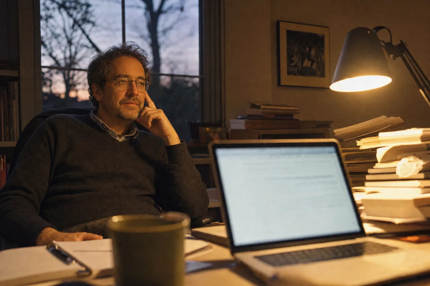 A university instructor refines a custom AI tutor late in the evening at a cluttered office desk