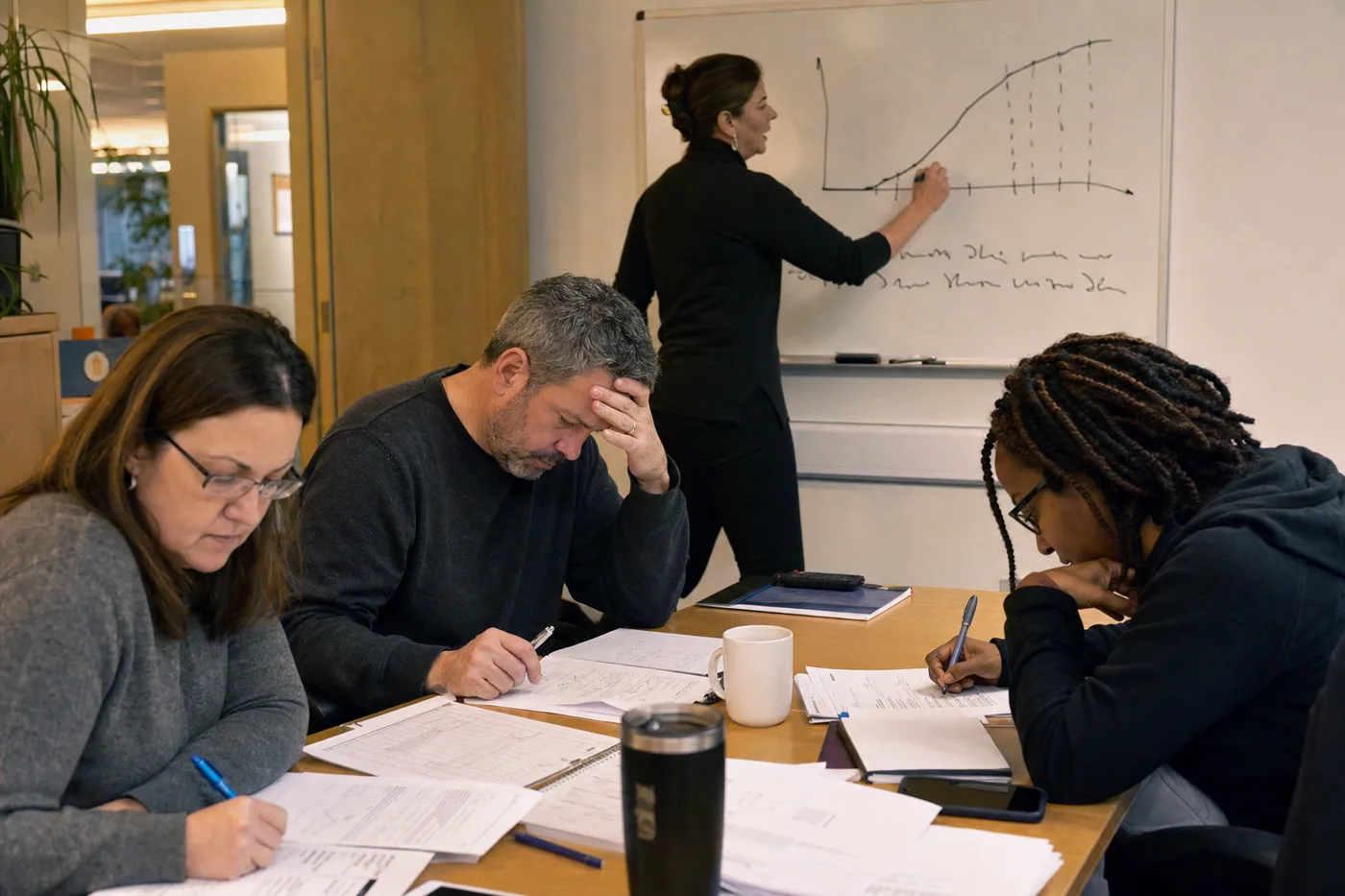Trainer sketches a learning curve on a whiteboard while employees wrestle with practice problems, an example of desirable difficulties in training