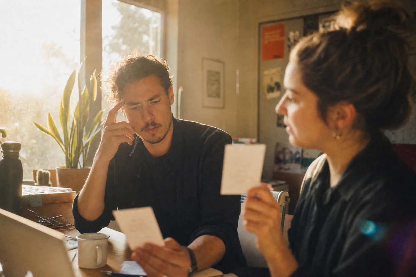 Two coworkers quiz each other with printed cards at a window desk, using retrieval practice to strengthen memory