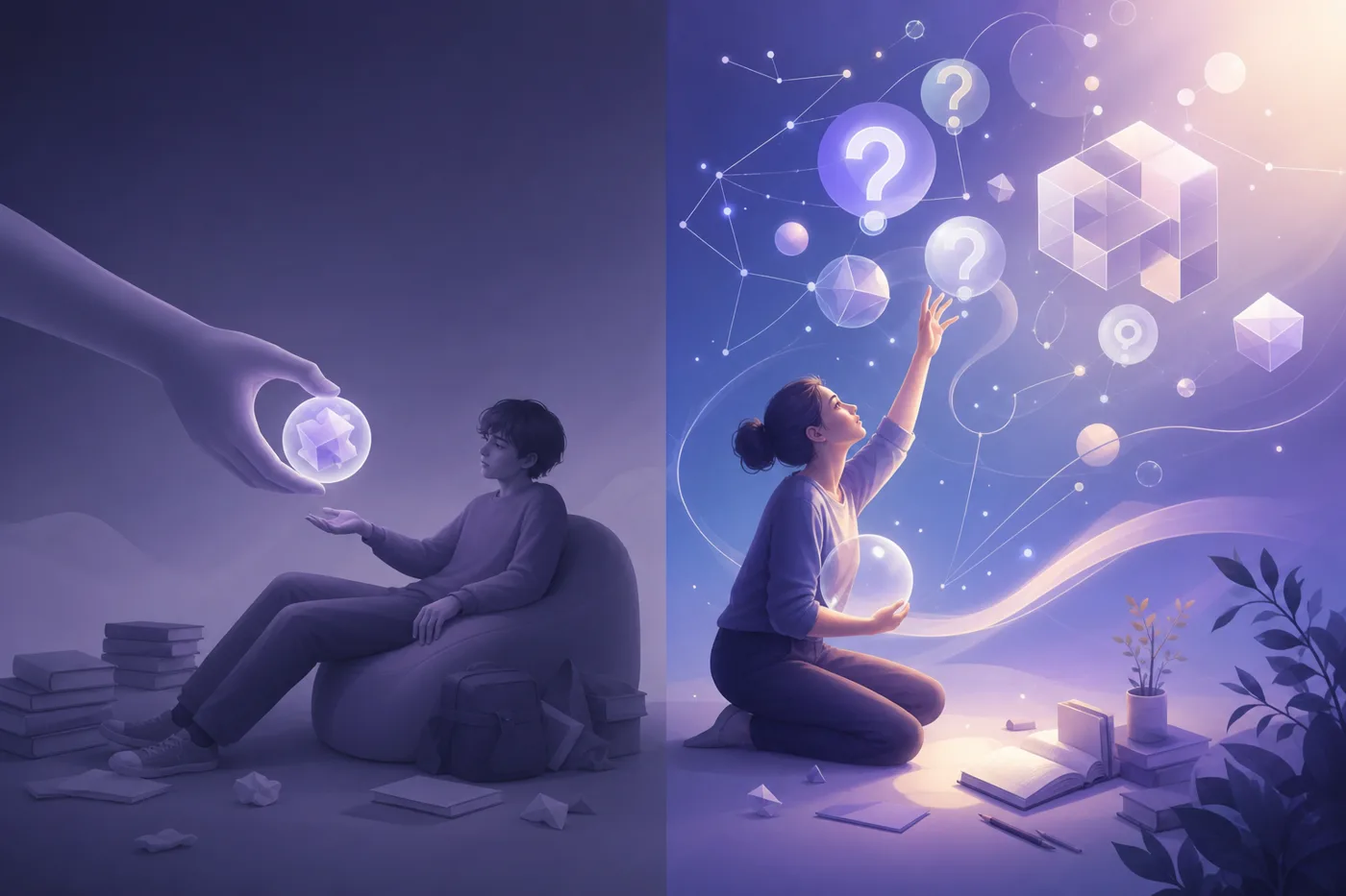 A split comparison of passive AI use that hands over answers versus active AI tutoring that asks questions and builds understanding