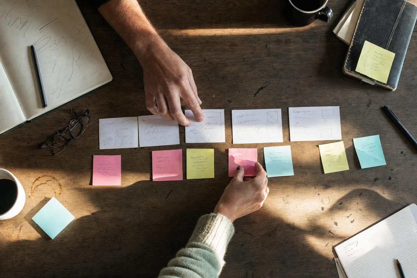 Overhead view of coworkers arranging printed lesson cards into a spaced learning schedule on a desk