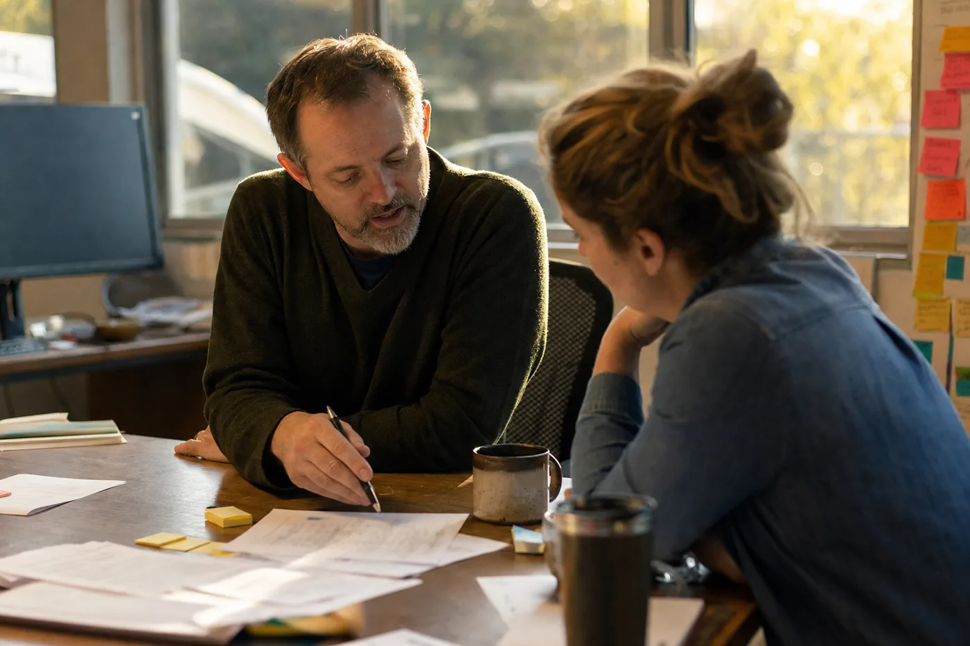 Manager giving effective feedback in training, reviewing work one on one with a colleague at a desk