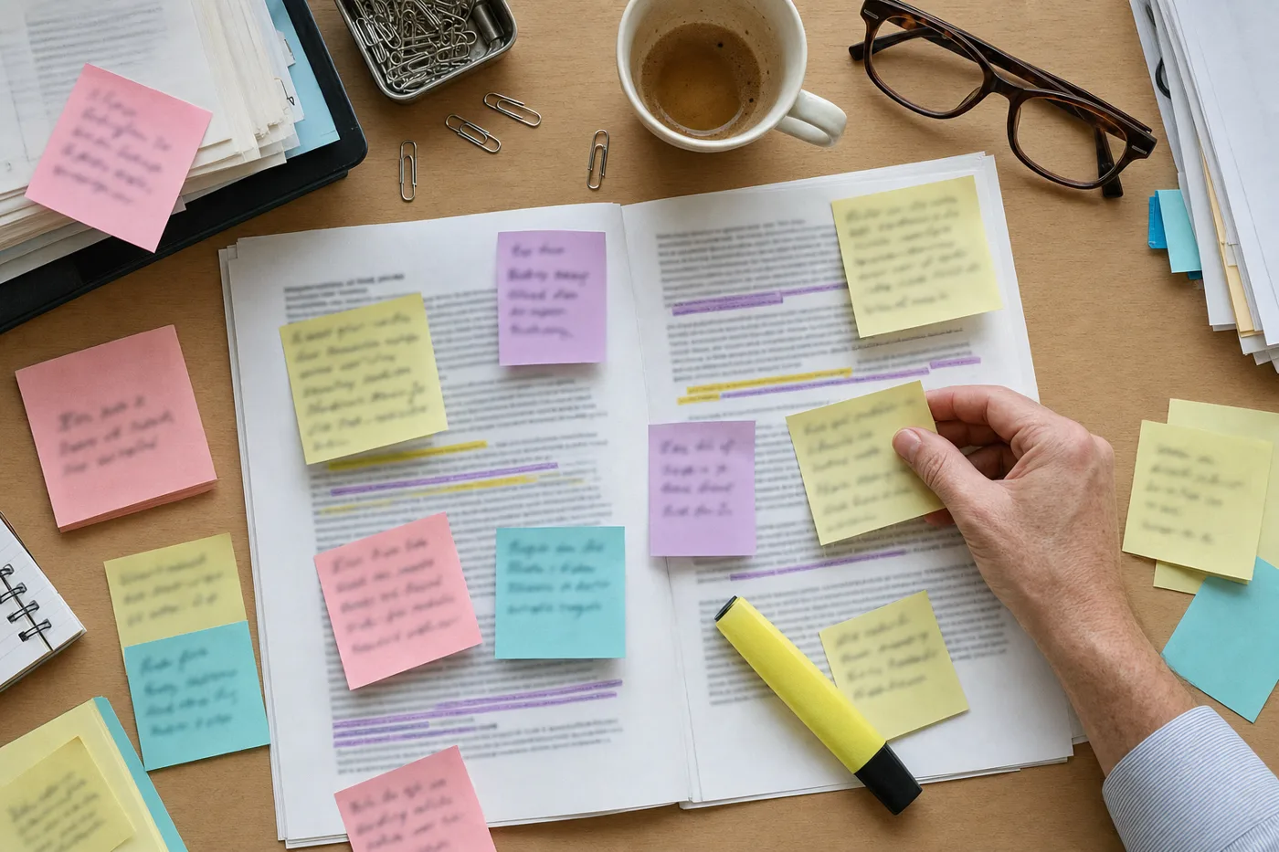 Overhead view of a printed AI policy document covered in sticky notes on an office desk