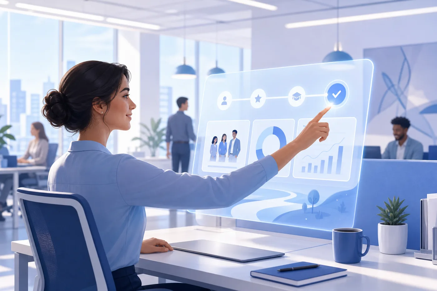 A new hire following employee onboarding best practices on an interactive screen in a bright modern office
