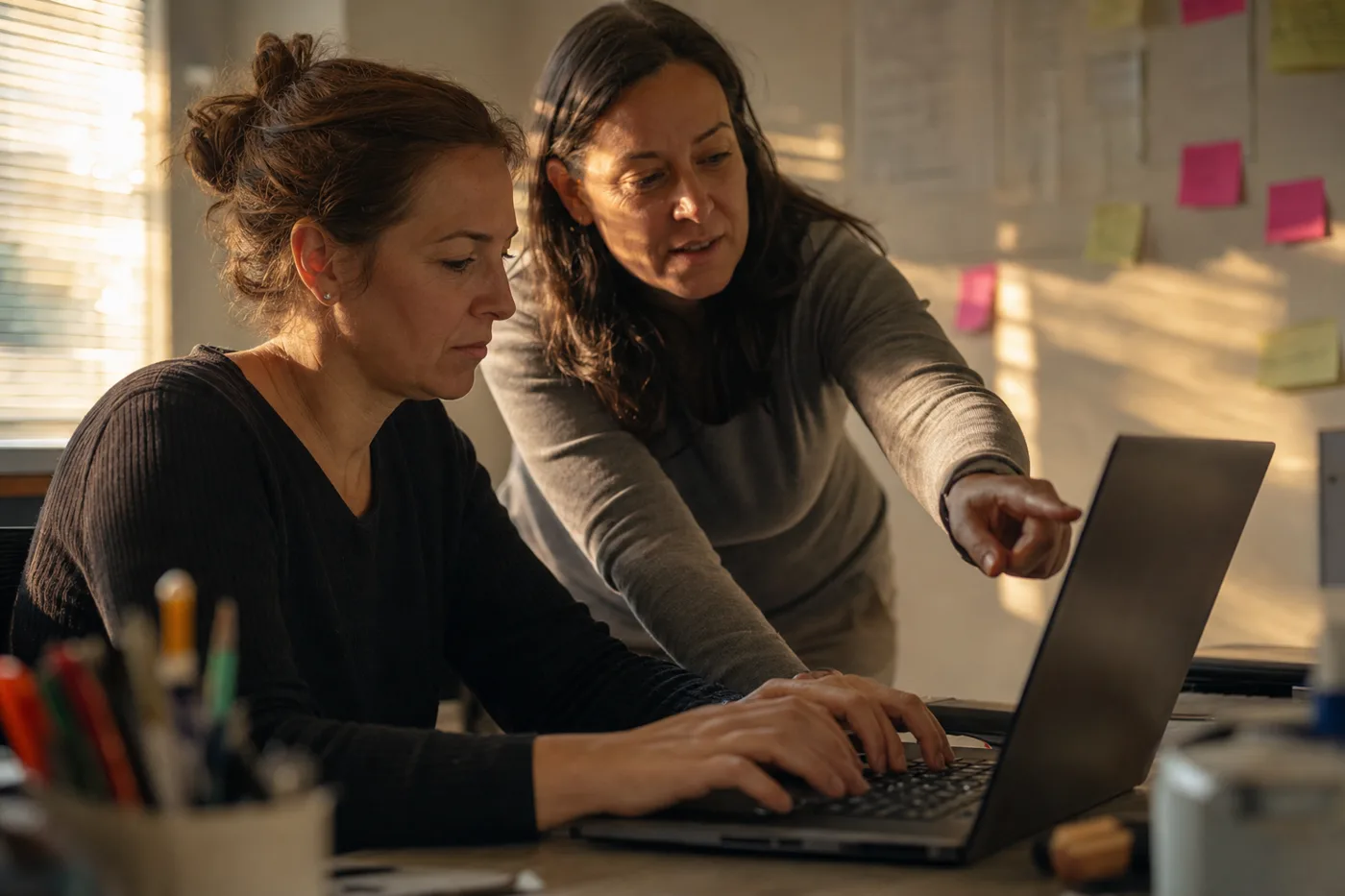 A facilitator guides an employee through hands-on AI practice at a laptop during a small training session