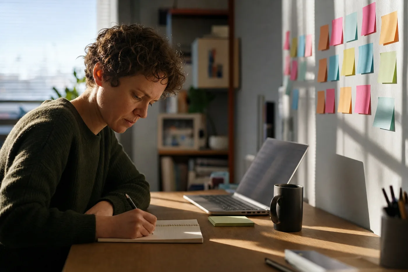 A learner working through a hands-on practice exercise at a desk with sticky notes on the wall