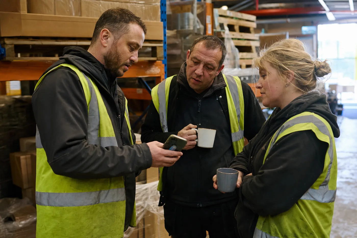 A warehouse team leader showing frontline worker training on a phone to two coworkers beside a pallet rack