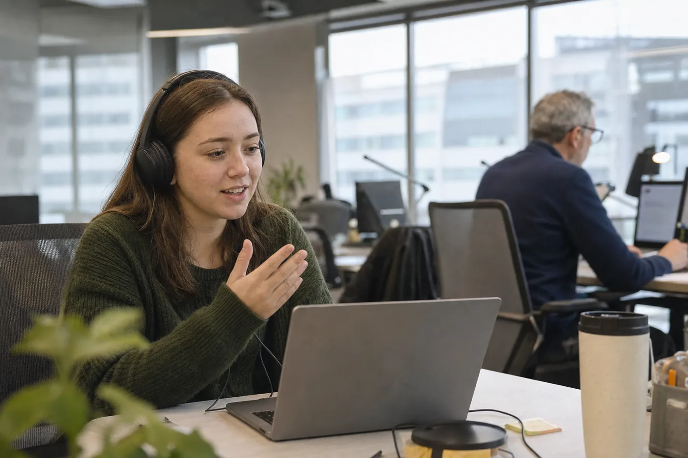 Gen Z workplace learning in action as a new hire works through an interactive training session at a bright office desk