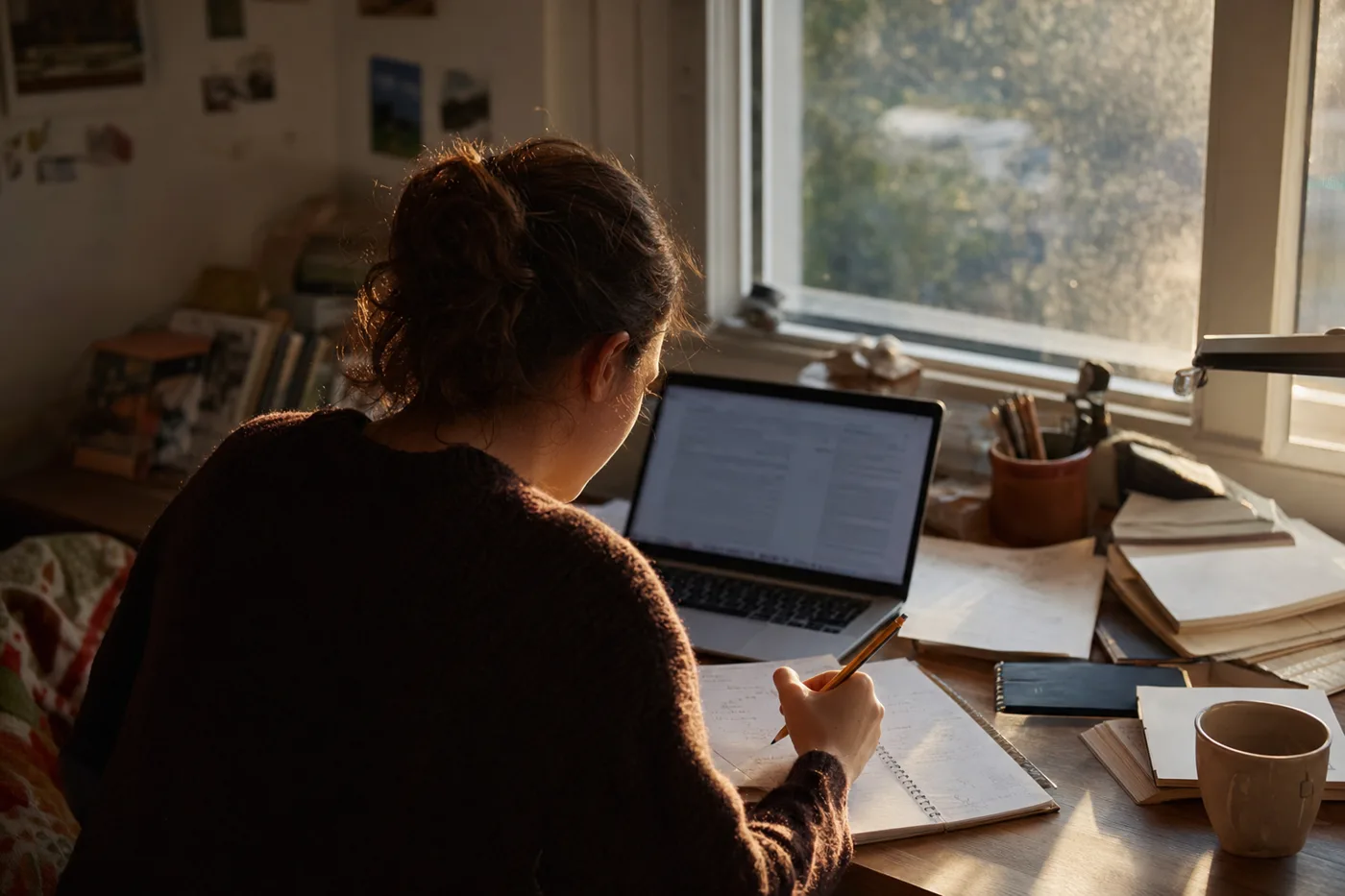 A university student works through practice problems with an AI study tool at a warm home desk in the evening