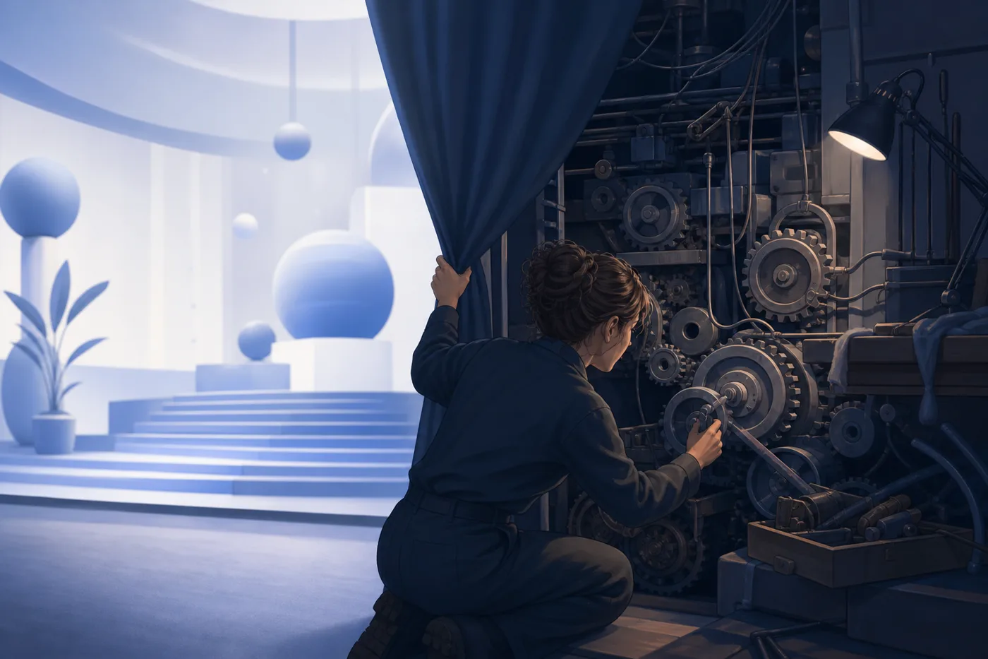 An instructor working behind the scenes to maintain an AI training system, illustrating the hidden human work behind AI tutors