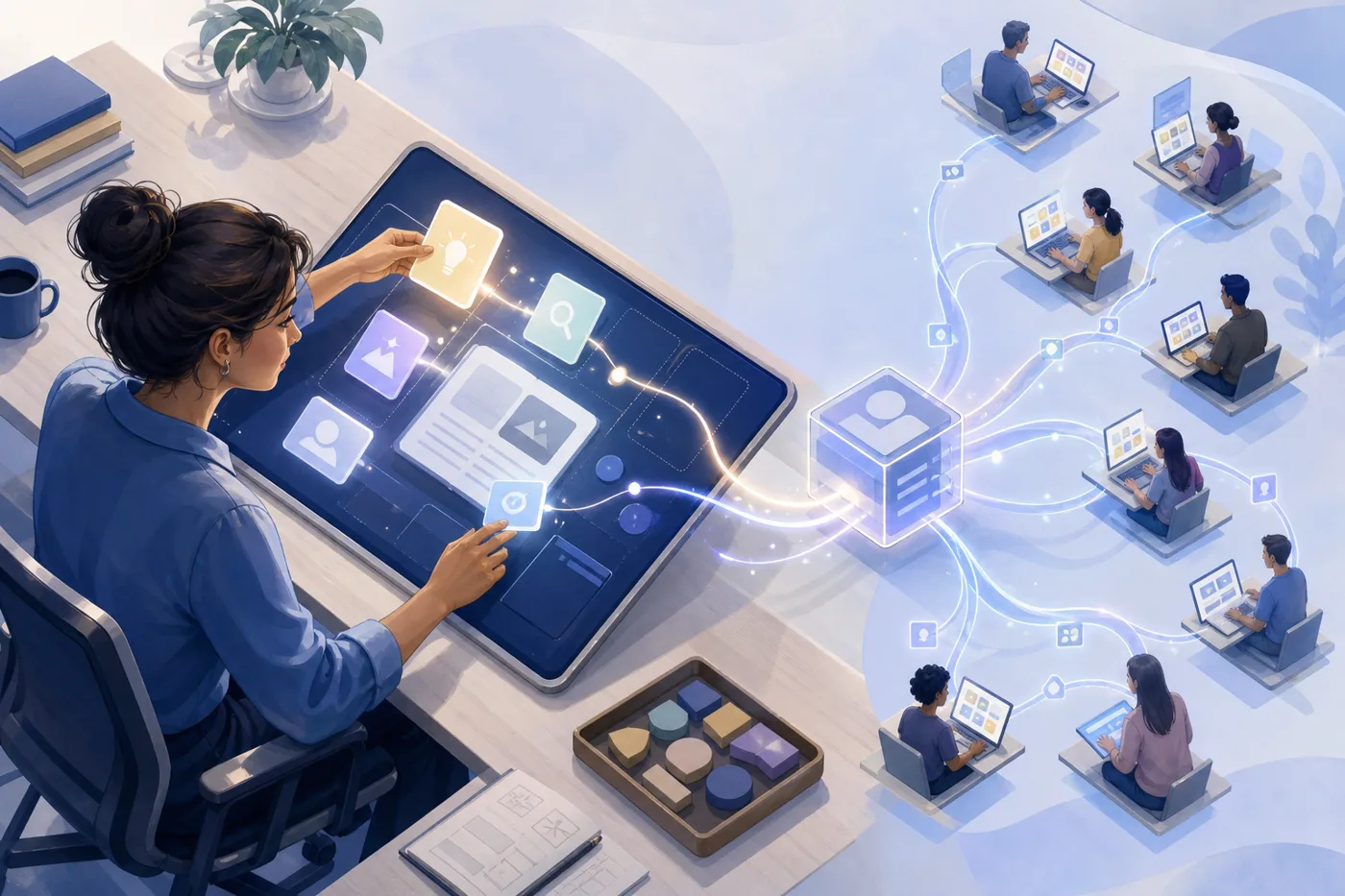 An L&D designer encoding subject-matter expertise into an adaptive interactive lesson, showing human in the loop AI training