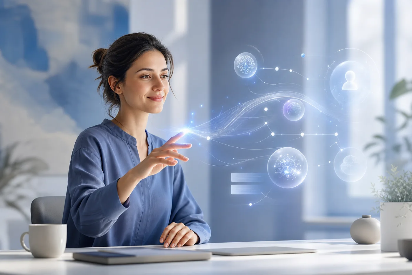 A human in the loop guiding an adaptive AI training system in a bright modern workspace