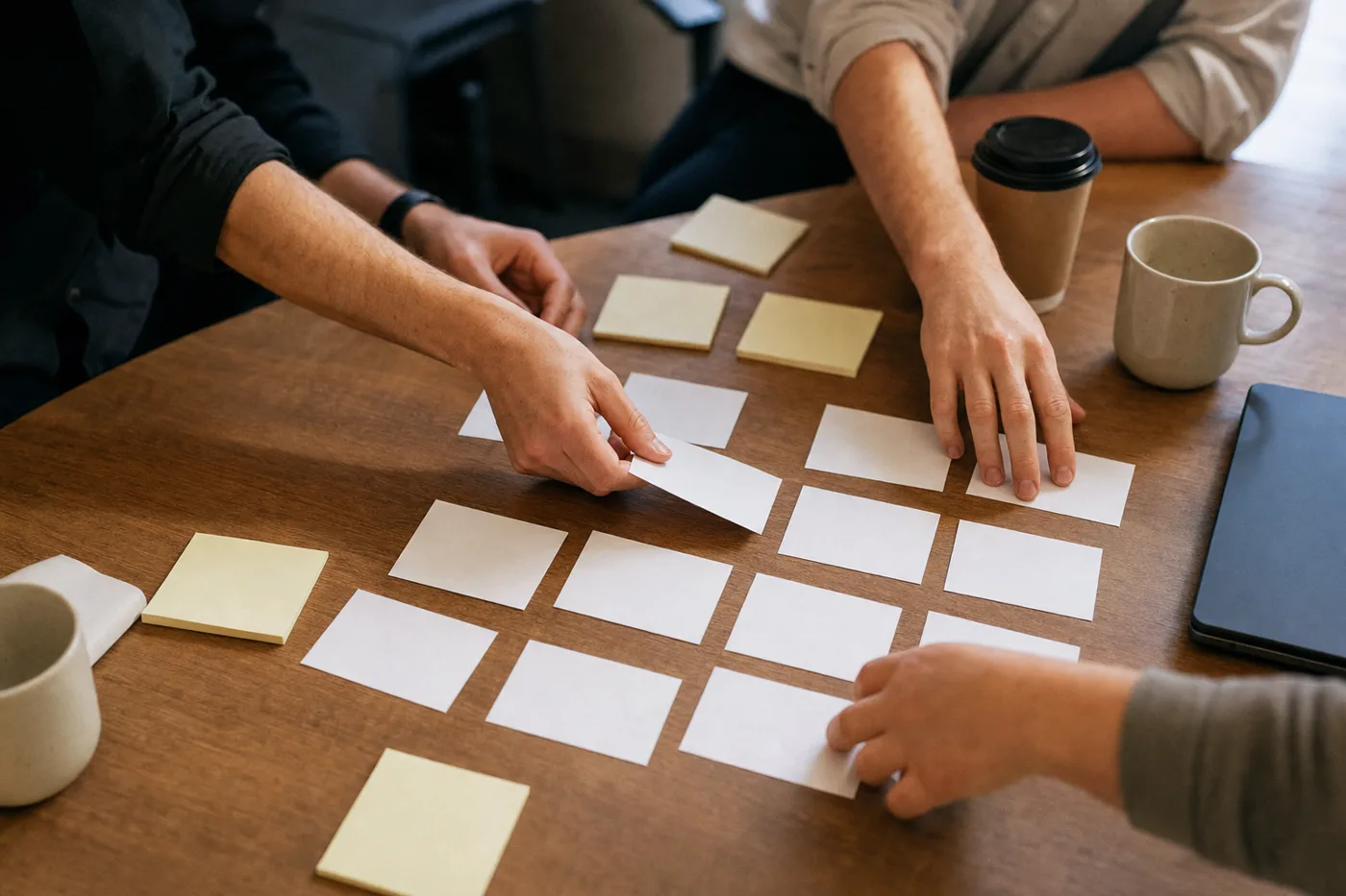 Coworkers arranging printed scenario cards on a desk in warm documentary light during a training workshop