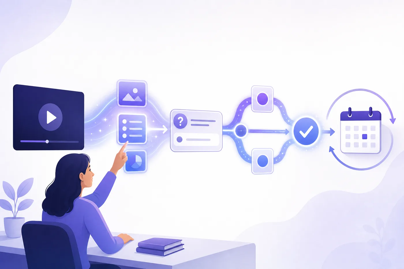A step-by-step illustration of converting a passive training video into an active learning-by-doing experience with questions, feedback, and spaced practice