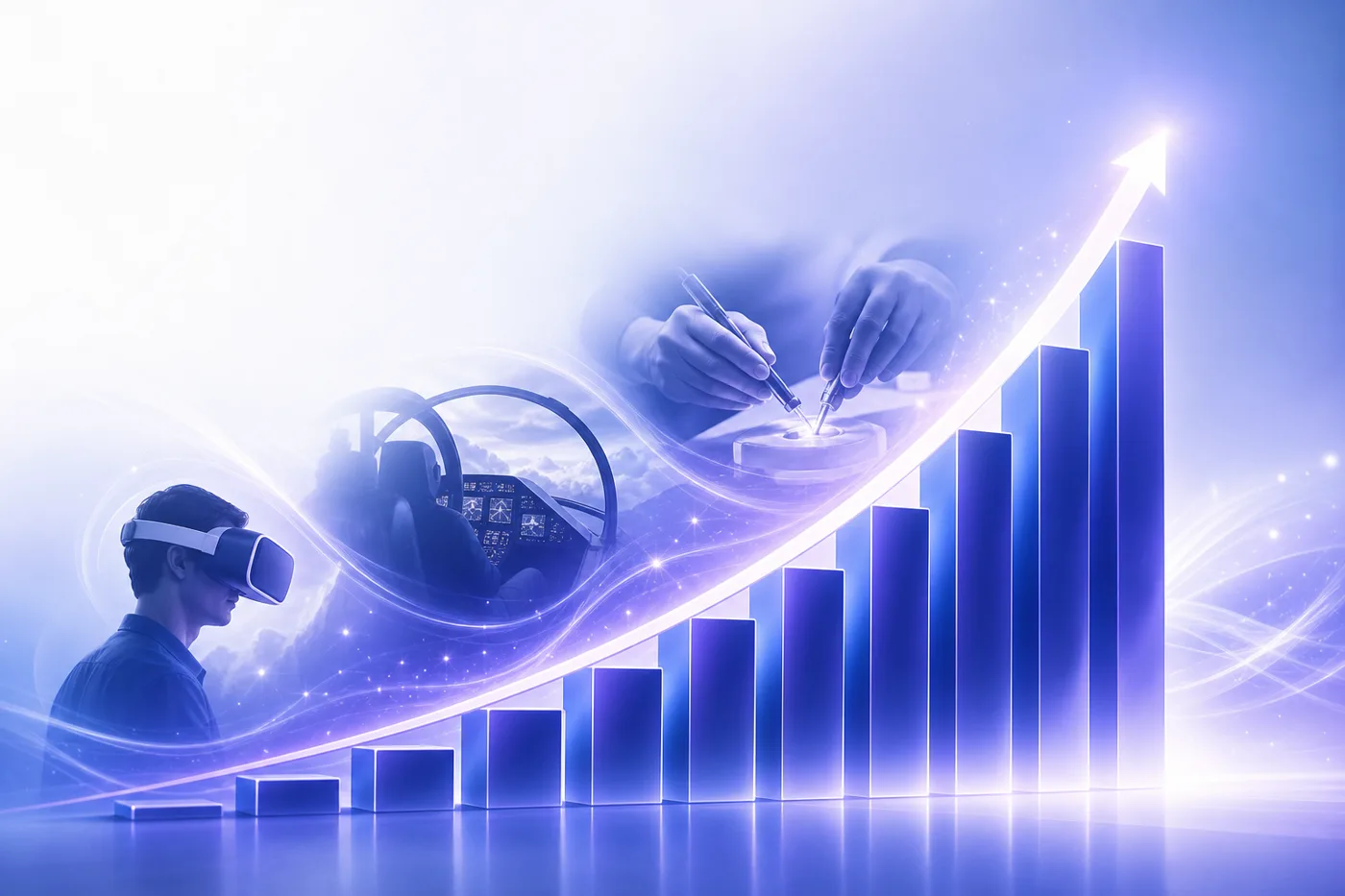 An illustration of the rising virtual training and simulation market showing hands-on simulation-based training replacing passive lecture-style learning