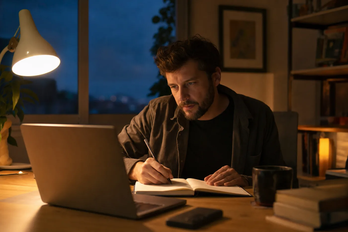 A person taking notes at a home desk in warm lamplight while reviewing material on a laptop